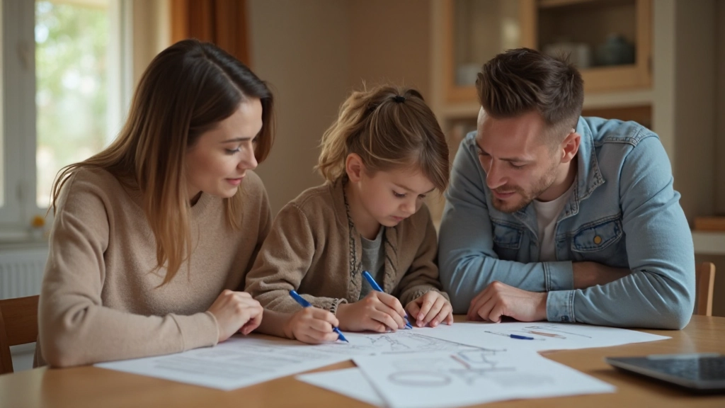 Семья планирует семейный бюджет за столом с документами и калькулятором
