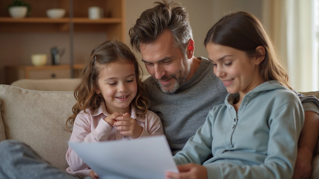 Семья обсуждает финансовый план, сидя вместе на диване с документами