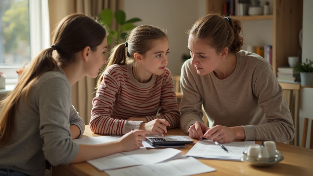 Семья планирует финансовый бюджет вместе за столом с документами