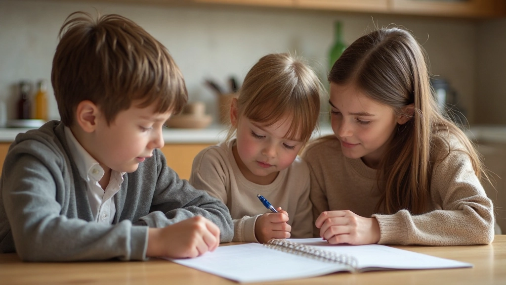 Семья с детьми обсуждает бюджет и финансовые цели за кухонным столом