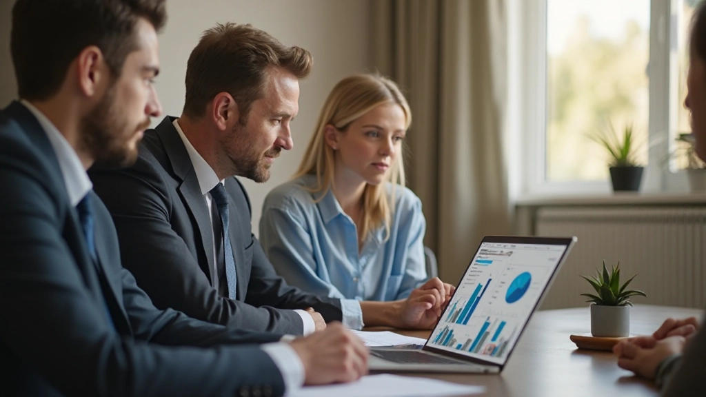 Мужчина в деловом костюме показывает семье графики инвестиций на ноутбуке, домашний офис