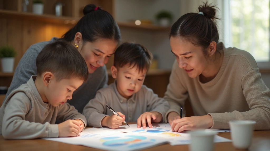 Родители и дети обсуждают финансовые вопросы за столом с графиками