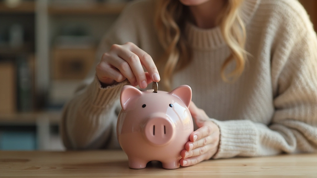 Копилка и монеты на столе, символизирующие накопление и сбережения
