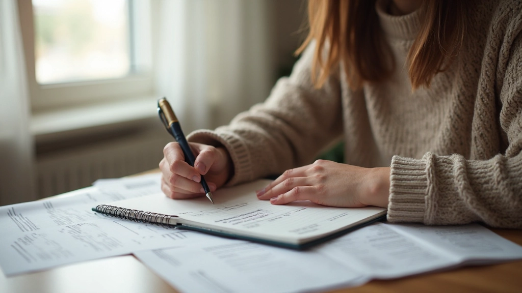 Человек записывает категории бюджета в блокнот с цветными маркерами