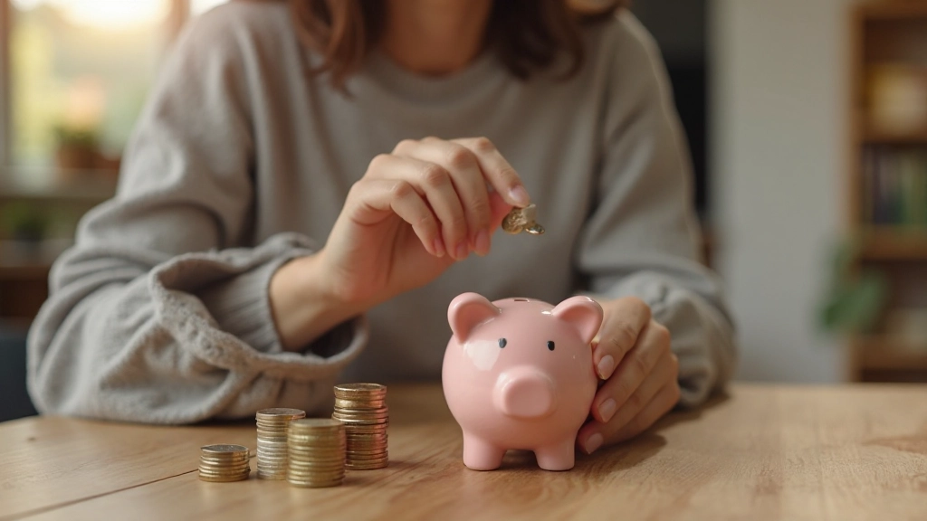 Копилка и монеты на столе, символизирующие накопление и сбережения
