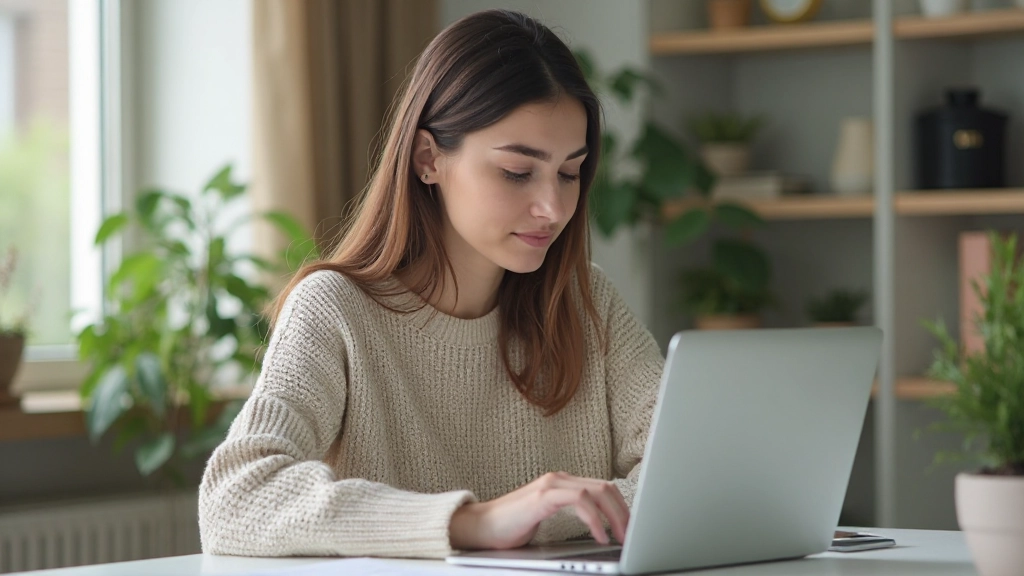 Молодая женщина анализирует инвестиционный портфель на ноутбуке в спокойной домашней обстановке