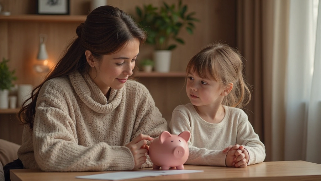 Родитель и ребенок разговаривают о финансах в уютной гостиной, на фоне видна копилка и финансовые плакаты